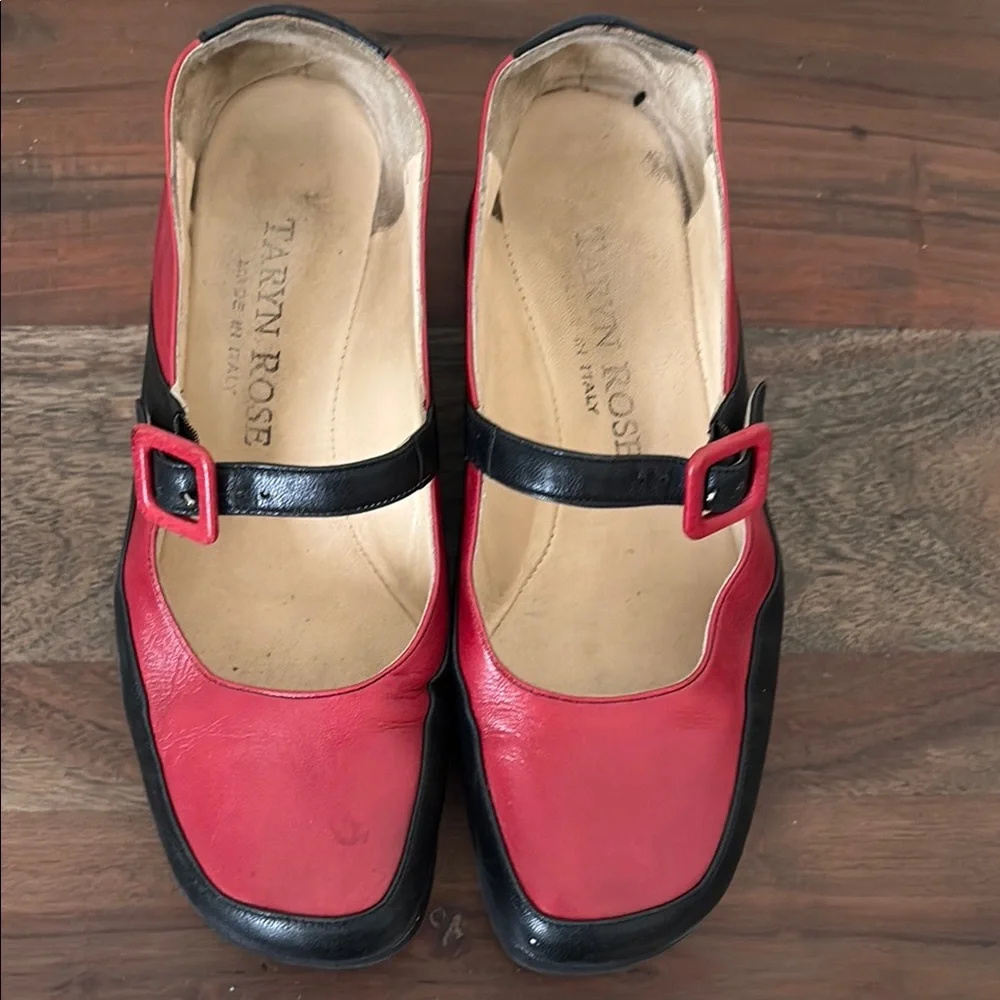 Taryn Rose Red and Black Mary Jane Flats. 6. Made in Italy.